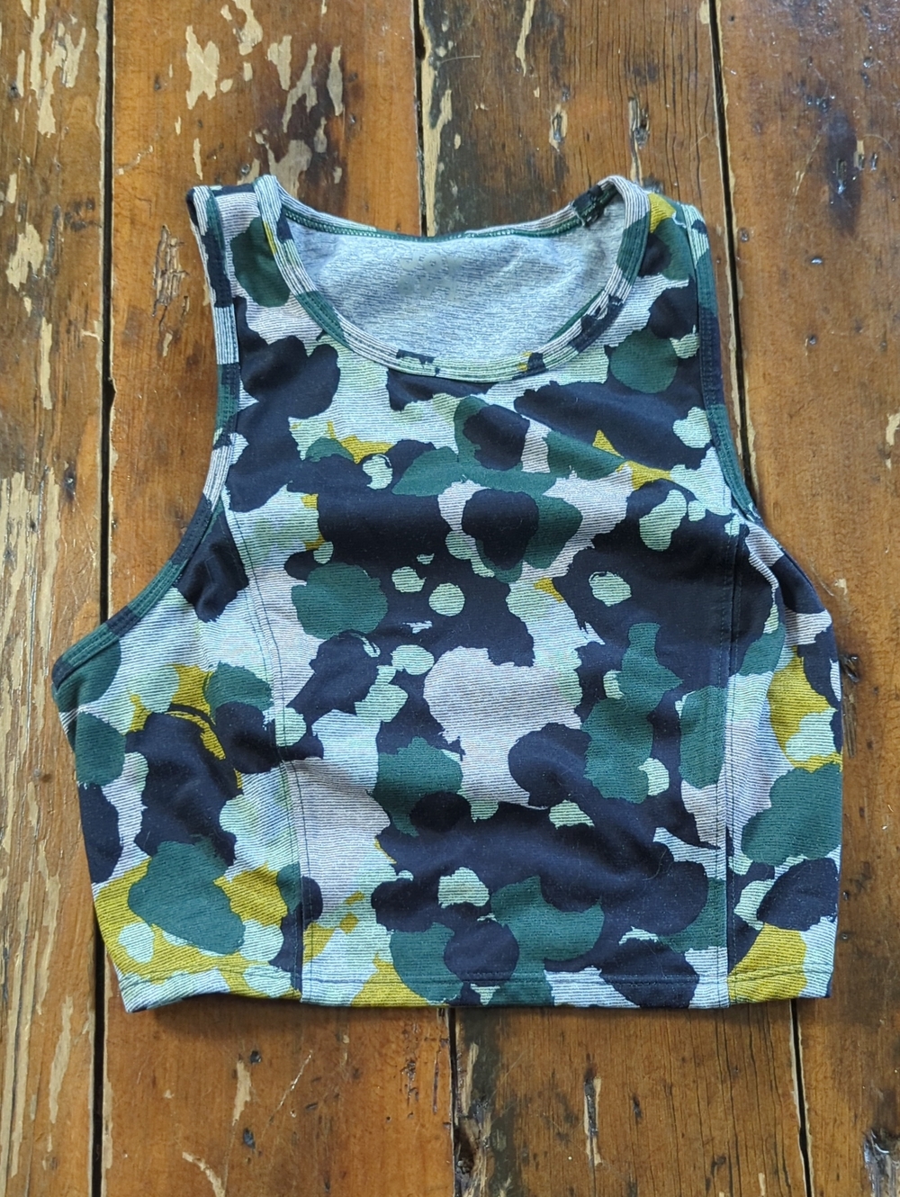 Cropped Camouflage Tank Top/Sports Bra in Green, Black & Yellow